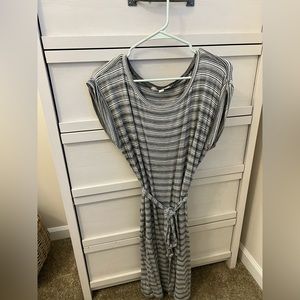 LOFT tie-waist grey striped dress